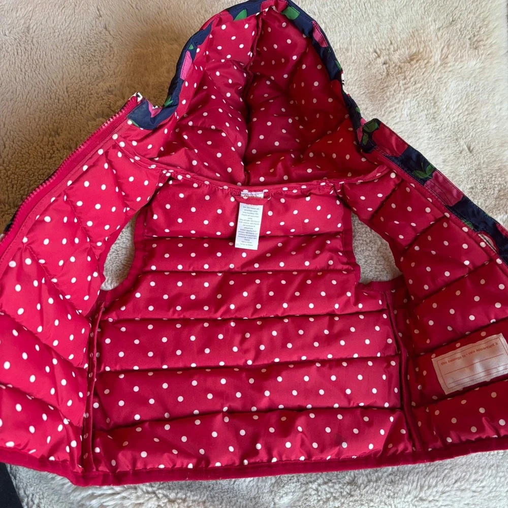 Gymboree Puffer‎ Vest Girls 18-24m Navy Blue Candy Apple Print Hooded Zip